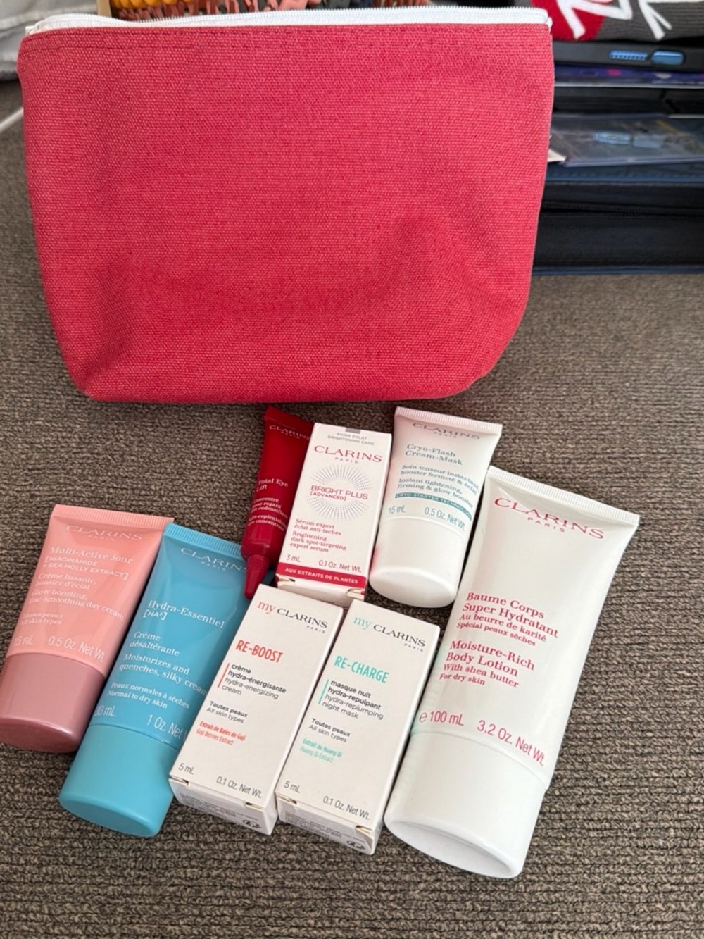 Clarins skincare with pouch